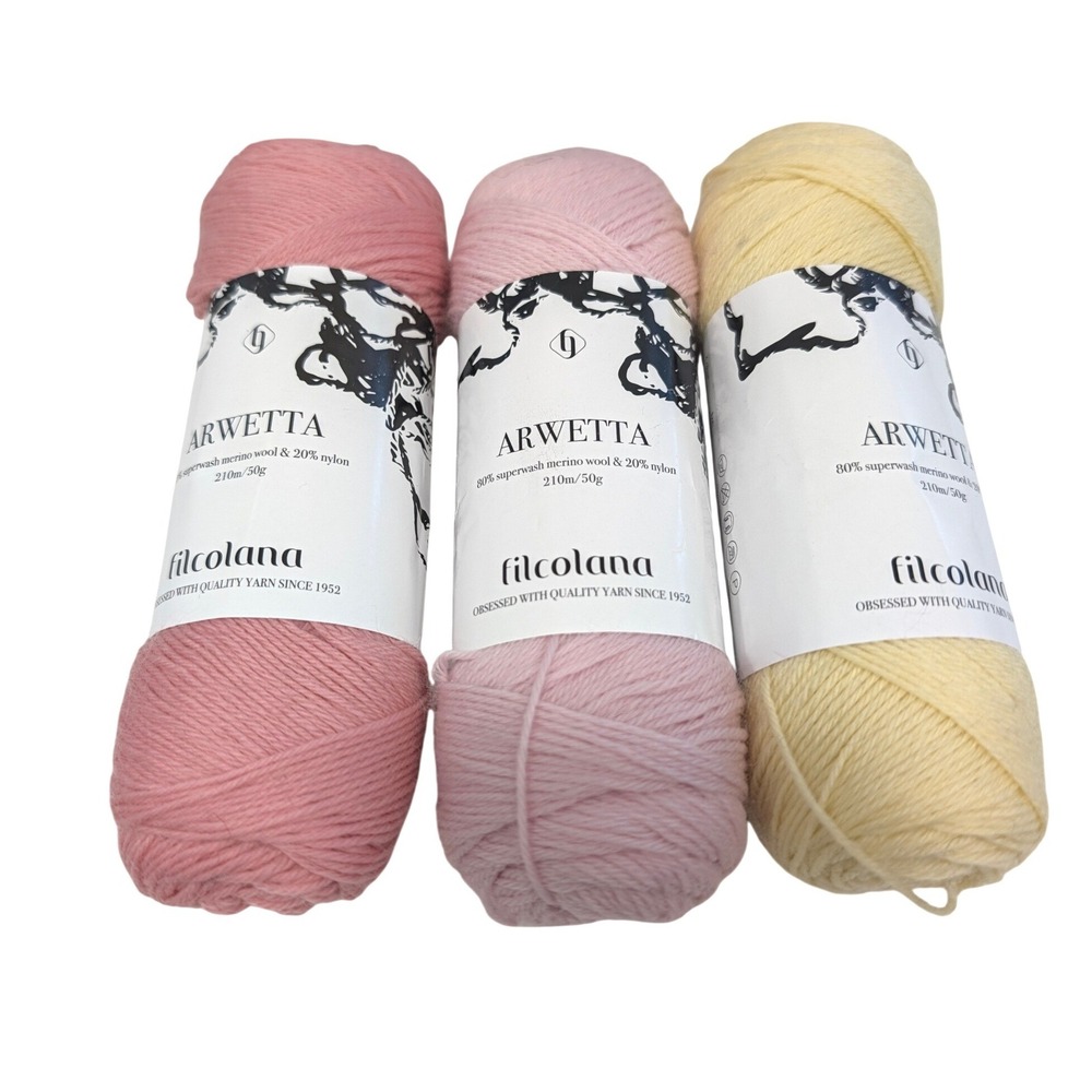 Filcolana Arwetta Superwash Merino Wool Nylon Yarn 3 Skeins Pink Yellow 50g Each